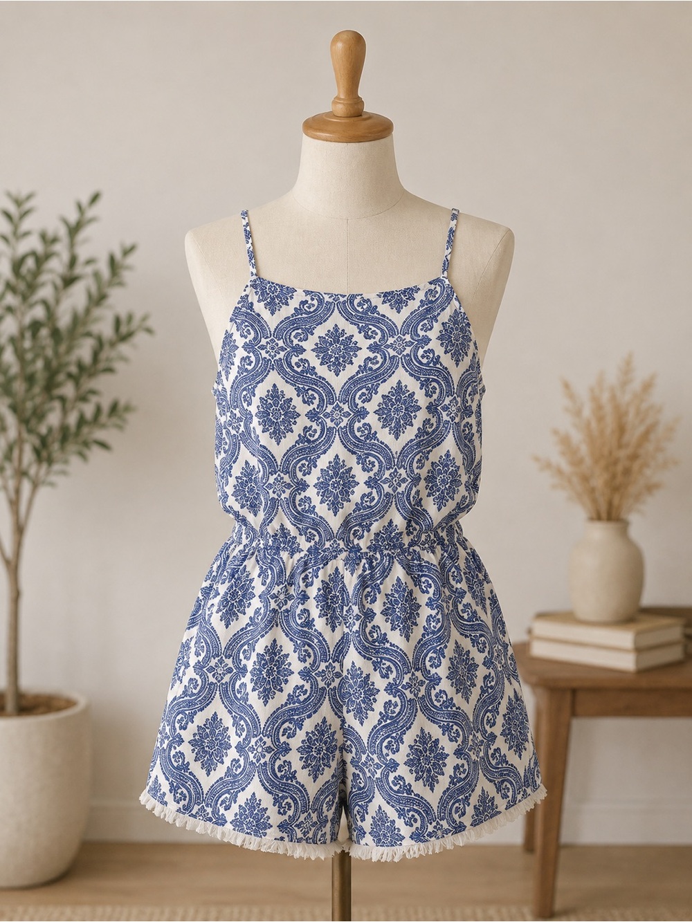 Bisou Bisou Blue & White Printed Spaghetti-Strap Romper